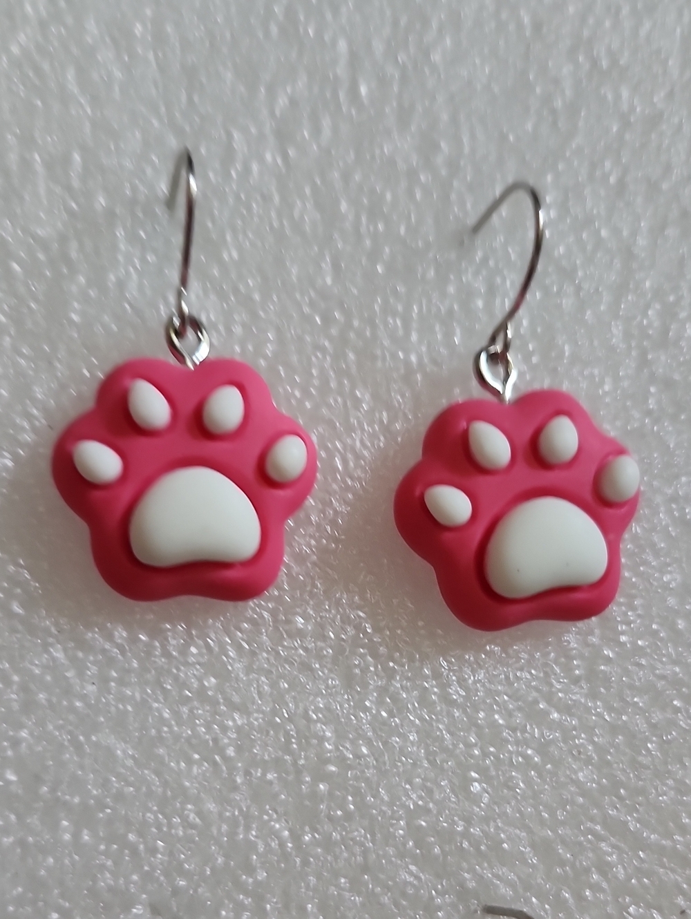 Hand Crafted Pink and White Paw Print Dangle Earrings